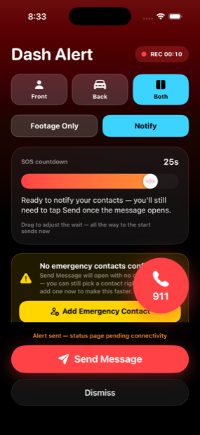 WanderFree Dash Alert SOS screen with countdown
