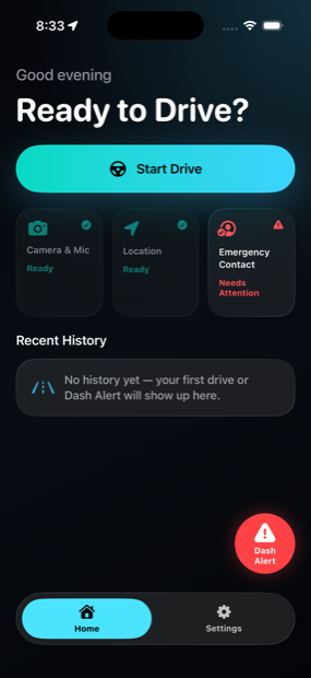 WanderFree Home screen, ready to start a drive